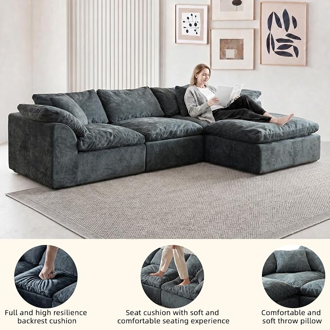 109" Boneless Cloud Couch Sectional for Living Room, Oversized Modular L Shaped Sofa with Ottoman, Deep Seat Chenille Sectional Couch for Cloud-Like Comfort(Blue)