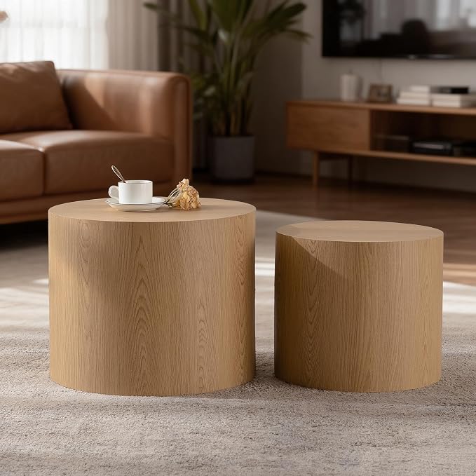 Nesting Round Coffee Table Set of 2, Small Circle Accent End Table for Small Spaces, Wooden Center Table, Morden Drum Side Table for Living Room, Fully Assembled - Natural