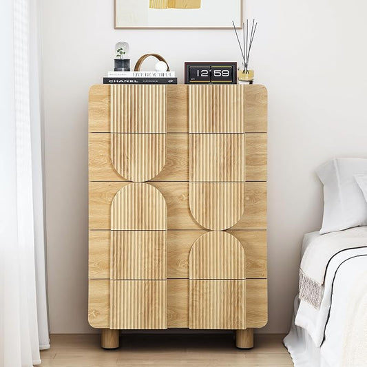 Fluted 5 Drawers Dresser for Bedroom, 46" Tall Dressers & Chest of Drawers w/Curved Profile Design, Wood Mid Century Modern Vertical Storage Dressers Organizer for Living Room, Hallway, Natural Oak