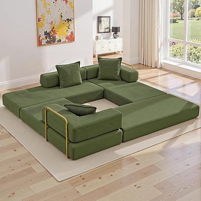 ivoros 108" Oversized Convertible Sleeper Sofa Bed, Corduroy L Shape Sectional Couch, Folding Sofa Bed with Fixed-Shape Frame, Modern Cloud Floor Mattress Couch, Modular Sofa for Living Room, Green