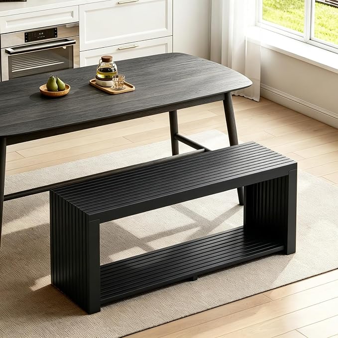 Bamboo Bench with Shelf, 35'' Entryway Bench Seat, Black | Shoe Bench for Entryway, Hallway, Doorway, Modern Benches for End of Bed Bench, Low Bench for Window