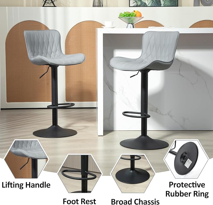 Finnhomy Bar Stools Set of 2, Modern 360° Swivel Faux Leather Bar Stools, 24"-32.5" Seat Height with Back, 330 lbs Capacity, SGS Gas Lift, Upholstered Kitchen Chairs for Kitchen Island, Grey