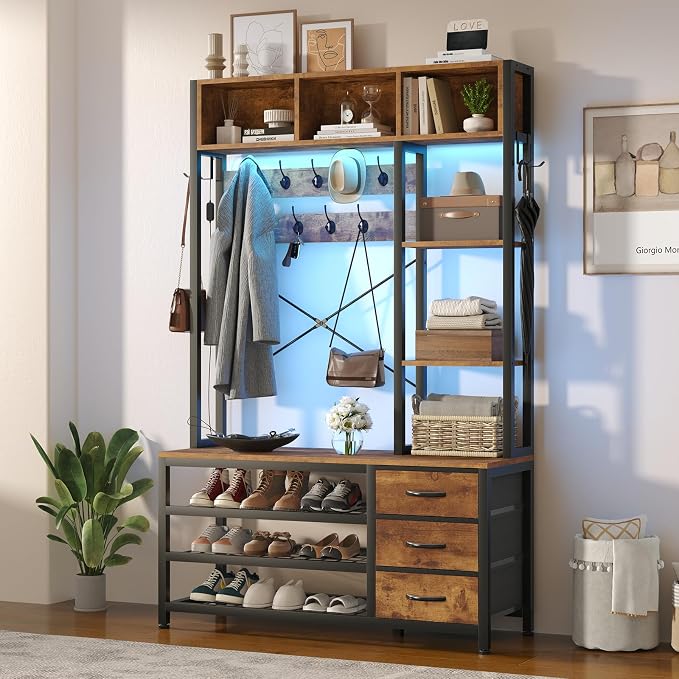 39.4'' Hall Tree with Bench and Shoe Storage, Entryway Bench with Coat Rack, 25-in-1 Tall Hall Tree with Led Lights (Rustic)