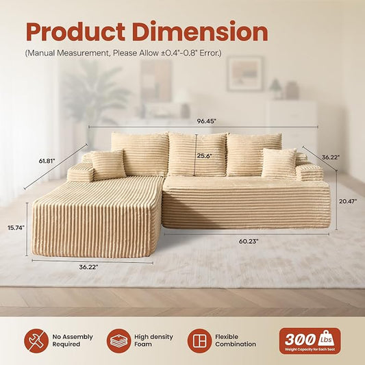 ovios 96" Cloud Sectional Couch with L-Shape Chaise,Modern Modular Sofa with Deep Seat, Upholstered Couches for Living Room Bedroom,No Assembly Required, Beige (Plush Corduroy Fabric)