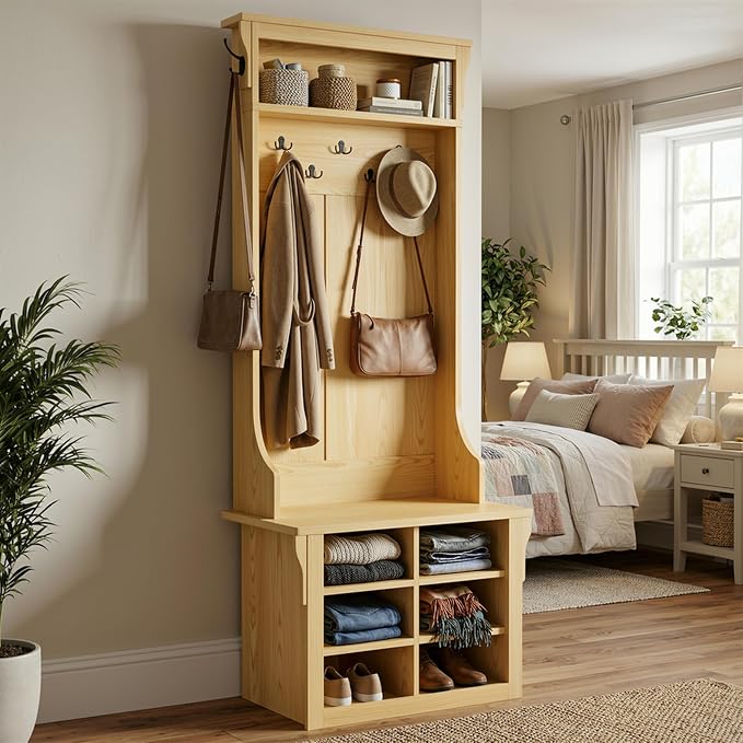 IRONCK 70"H 26"W Hall Tree with Bench and Shoe Storage, 6-in-1 Entryway Bench with Coat Rack, Adjustable Shelf, Hanging Hooks, 6 Shoe Cubby, 2 Tier Top Storage for Entryway, Bedroom, Living Room, Oak