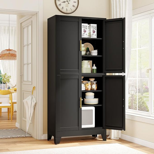 GAIOUS 75.2" Tall Metal Pantry Cabinet, Storage Cabinets with 4 Door and 4 Adjustable Shelves, Black Kitchen Pantry Storage Cabinet, Freestanding Cupboard for Kitchen Dining Room Living Room Bathroom