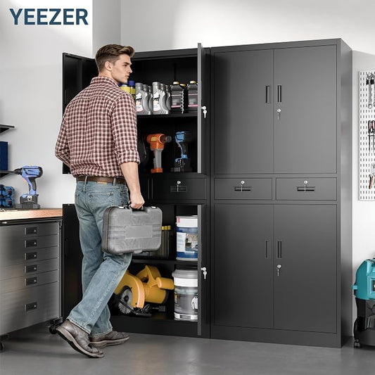 71" H Tall Metal Storage Cabinet with 2 Drawers, Metal Garage Storage Cabinet with Lock and 2 Adjustable Shelves for Home, Office, Garage, Warehouse Organize, Black