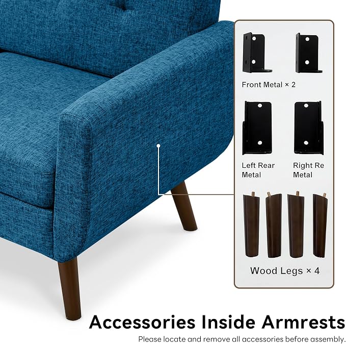 Tbfit 65" W Loveseat Sofa, Mid Century Modern Decor Love Seat Sofas and Couches for Living Room, Button Tufted Upholstered Small Couch for Bedroom, Solid and Easy to Install Love Seats Furniture, Blue