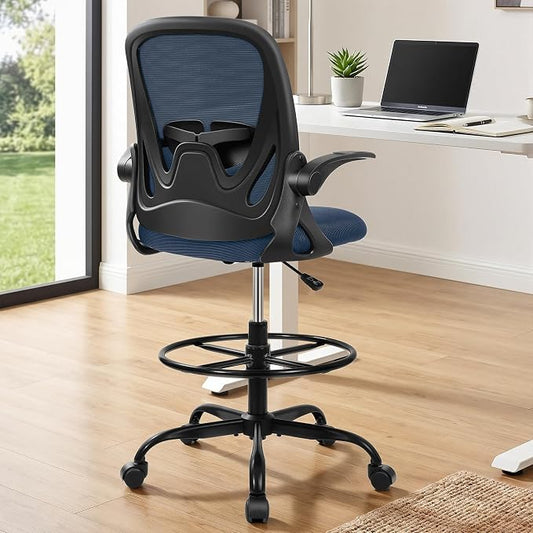 Primy Drafting Chair Tall Office Chair with Flip-up Armrests Executive Ergonomic Computer Standing Desk Chair with Lumbar Support and Adjustable Footrest Ring (Navy)