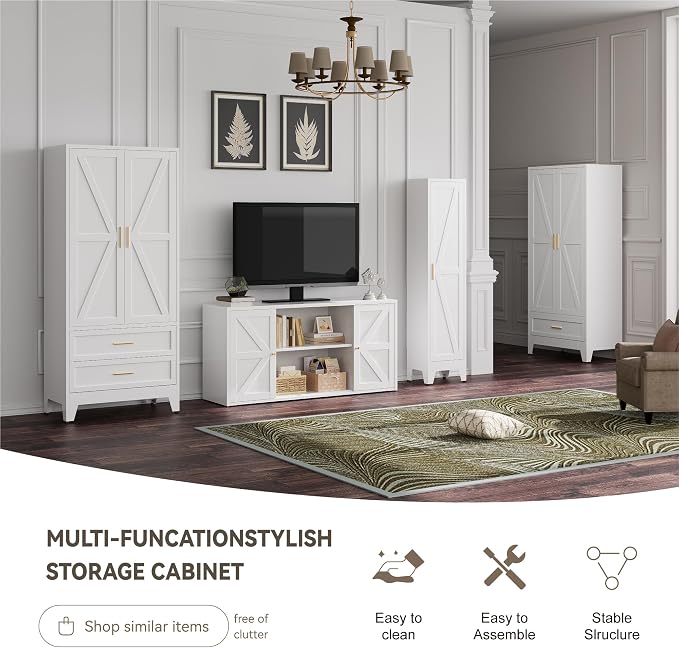 Baborokic Metal Wardrobe Cabinet with Hanging Rod,71" Armoire Wardrobe Closet with 2 Drawers,Farmhouse Bedroom Armoire,Storage Cabinets with Door and Shelves for Bedroom,Laundry Room(White)
