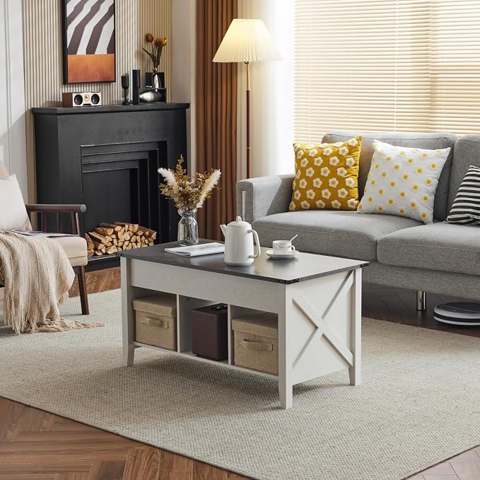VINGLI Farmhouse Lift Top Coffee Table, Rustic Grey with Storage Shelf/Hidden Compartment, Mesa De Centro para Sala, Rustic Brown (White Charcoal, 40" L)
