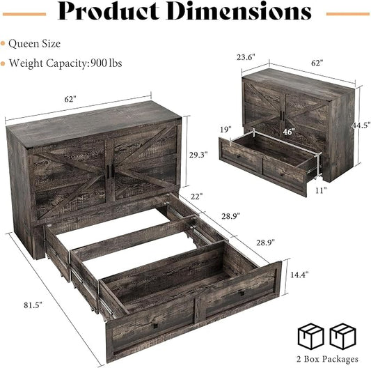 AMERLIFE Queen Murphy Bed Cabinet with Charging Station and Storage, Farmhouse Foldable Platform Bed for Guest Room, Office, Small Spaces, Black Oak