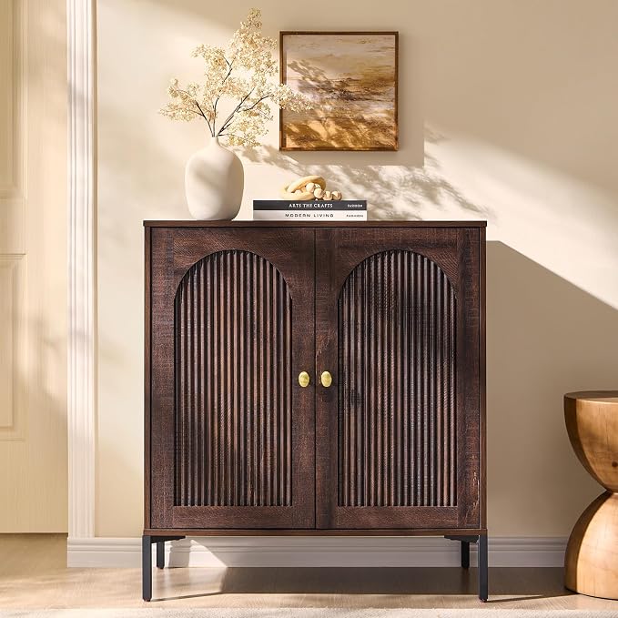 IFGET Modern Buffet Cabinet with Storage, 34" Tall Fluted Arched Sideboard Cabinet w/Adjustable Shelves, Wooden Modular Coffee Bar for Dining Room, Kitchen, Living Room, Entryway, Brown