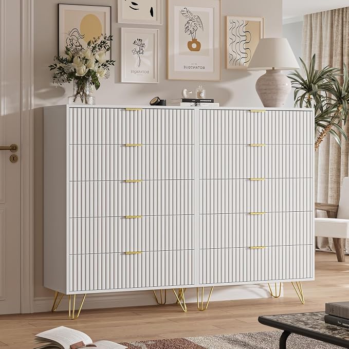 MAISONARIA 5 Drawers Dresser for Bedroom, 47" Tall Modern Chest of Drawers with Gold Handle, Fluted Wood Dresser for Bedroom, Living Room, Hallway, Entryway, White