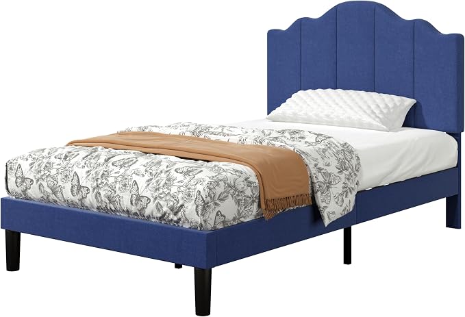 VECELO Twin Size Upholstered Platform Bed Frame with Adjustable Headboard, Wood Slat Support and Noise-Free, No Box Spring Needed, Easy Assembly, Dark&Blue
