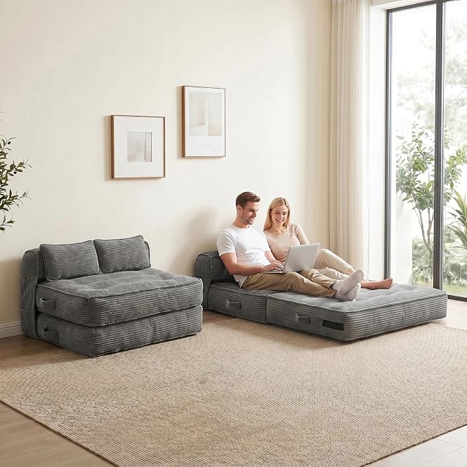Folding Sofa Bed, Convertible Sleeper Chair with Pillow Foldable Mattress with Back Support, Portable Fold Out Chair Bed Comfy Floor Couch Lounge for Living Room Bedroom Apartment Single