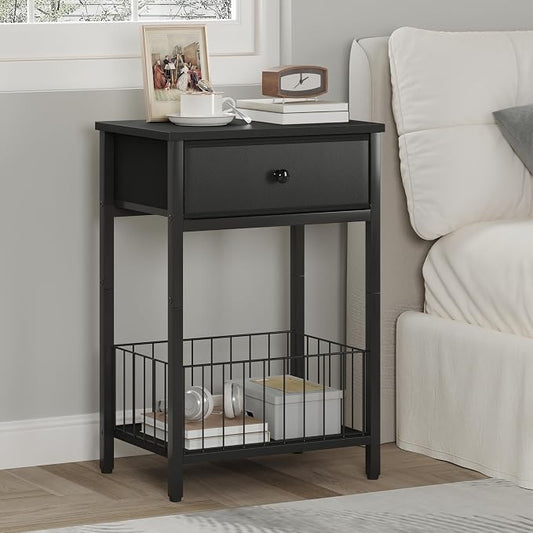 Nightstands Set of 2 with PU Leather Front Drawer, 3-Tier End Table with Bottom Mesh Basket, Industrial Bedside Tables for Bedroom, Black
