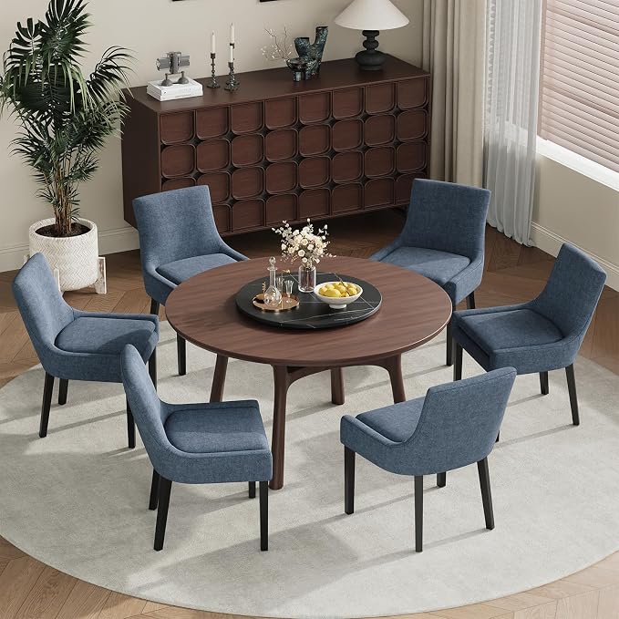 Modern Dining Room Chairs Set of 4 with Mid Back and Wood Legs, Upholstered Kitchen Chairs for Dining Room/Living Room, Blue