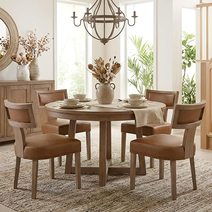 HNY Mid Century Modern Dining Chairs Set of 6, Farmhouse PU Leather Upholstered Accent Chairs Curved Nailhead Trim Backrest Kitchen Chairs, with Hardwood Frame, Brown