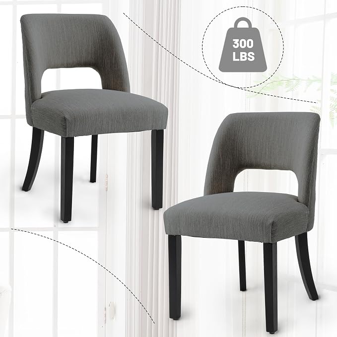VKNOW Wooden Dining Chairs Set of 2, Modern Fabric Upholstered Dining Room Chair Kitchen Chairs, Farmhouse Dinner Chair for Kitchen Dining Room, Dark Grey-Black Legs