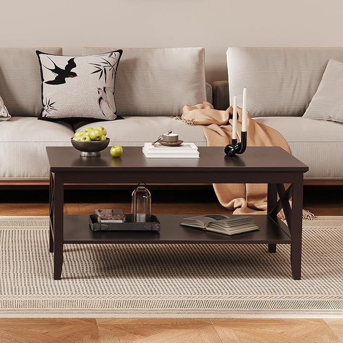 ChooChoo Oxford Coffee Table with Thicker Legs, Espresso Wood Coffee Table with Storage for Living Room 40 inches