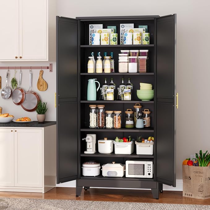 Metal Pantry Cabinet with 2 Doors and 5 Adjustable Shelves, 75"Kitchen Storage cabinets with Gold Handles, Versatile Storage for Laundry Room, Living Room, Bathroom, Dinning Room, Utility Room-Black