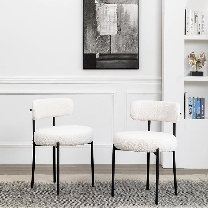 DYHOME White Boucle Dining Chairs Set of 4, Upholstered Kitchen Chairs with Thick Cushions and Metal Legs, Round Modern Dining Room Chairs