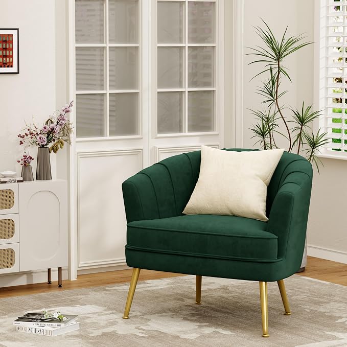 Andeworld Velvet Accent Chair, Upholstered Modern Single Sofa Side Chair,Comfy Barrel Club Living Room Armchair with Golden Metal Legs for Bedroom Living Reading Room Office, Green