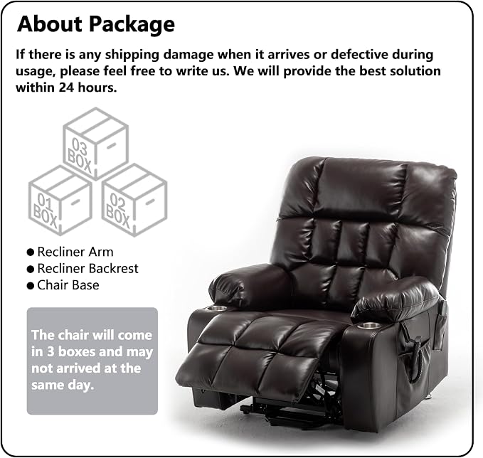 JIKFRIMA Power Lift Recliner Chair for Elderly, Dual Motor Lift Chair with Heat and Massage, Lay Flat Lift Chair for Adults, Cup Holders, Lumbar Pillow, Faux Leather, Reddish Brown
