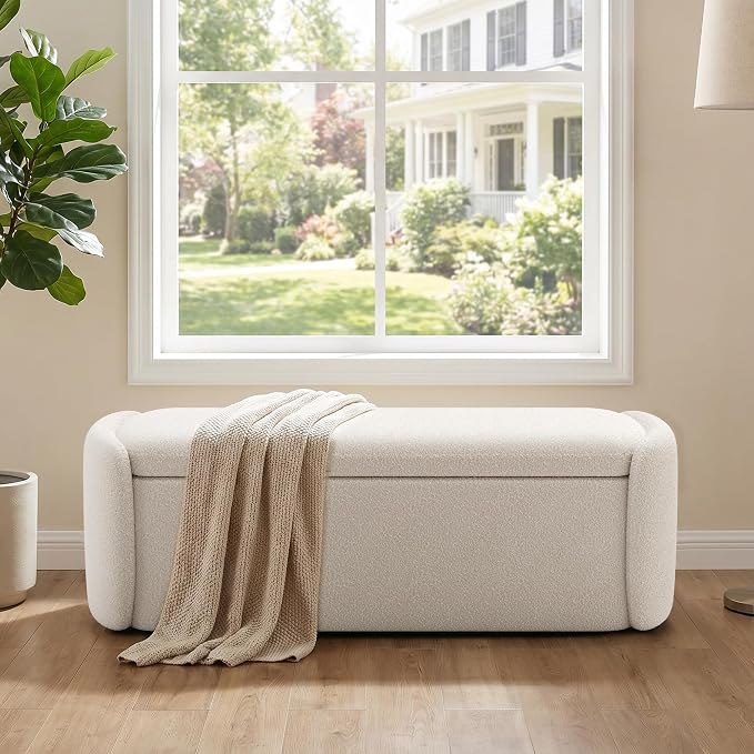 VKNOW 51" Storage Ottoman Bench, Upholstered End of Bed Bench with Smooth Hinges, Oval Large Ottoman Bench for Bedroom, Living Room and Hallway Entryway, Beige