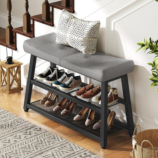 YATINEY Shoe Bench, 3-Tier Shoe Rack, Entryway Bench with Storage and Cushion, for Hallway, Foyer, Bedroom, Gray and Black HX02BG