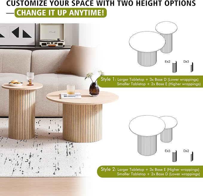 Round Nesting Coffee Table Set of 2, Fluted for Small Spaces | Modern style, suitable for living rooms, roller design, wooden