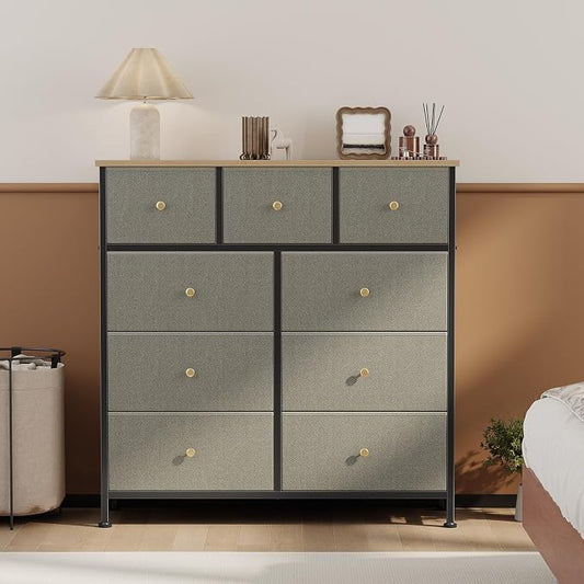 OLIXIS 9 Drawer Storage Dresser with Wood Top - Wide Fabric Chest Organizer for Bedroom, Closet, Living Room,Tower Cabinet, TV Stand, Hallway Entryway Furniture,Dark Green