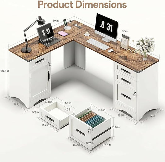 Decofy 67" Farmhouse L Shaped Standing Desk with Drawers Home Office Executive Desks with Fast Charging Station, Lockable File Cabinet, Wood Writing Computer Desk for Work, Study, White