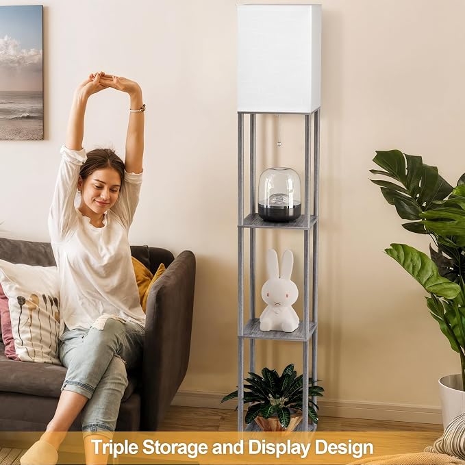 Floor Lamp with Shelves for Living Room, Shelf Floor Lamp with 3 CCT LED Bulb, Corner Display Standing Column Lamp Etagere Organizer Tower Nightstand with White Linen Shade for Bedroom, Dark Gray