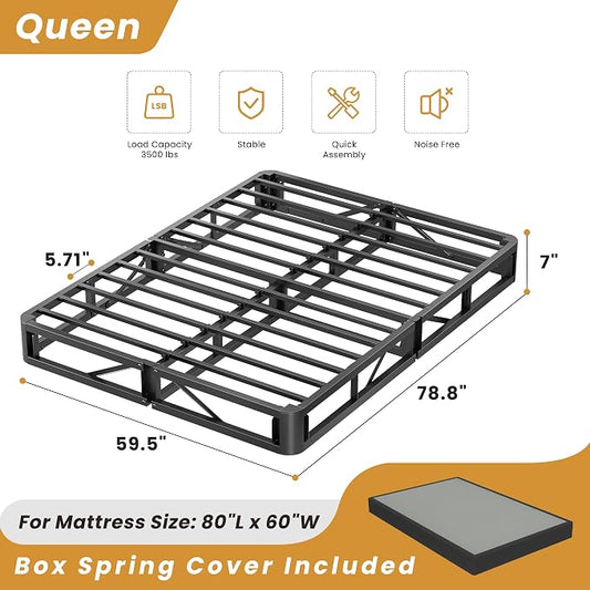 MAF Queen Box Spring 7 Inch High Profile Box Spring for Queen Bed, Queen Size Bed Base 3500 lbs Black Heavy Duty Metal Mattress Foundation with Easy Clean Cover, Easy Assembly