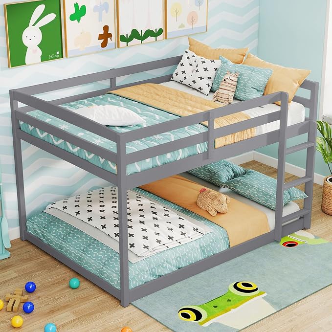 Giantex Full Over Full Bunk Bed, Solid Wood Kids Bunk Bed with Full-Length Guardrails, Integrated Ladder & Anti-Tippling Kits, Low Bunk Beds with Slats Support for Kids, Teens, Grey