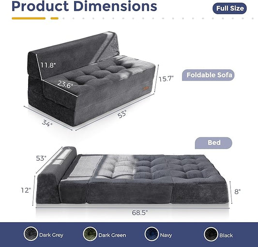 MAXYOYO 8" Folding Sofa Bed, Fold Out Chair Bed, Convertible Floor Sofa Couch, High-Density Foam Tufted Lounge Couch for Living Room Bedroom Dorm, Loveseat, Dark Grey
