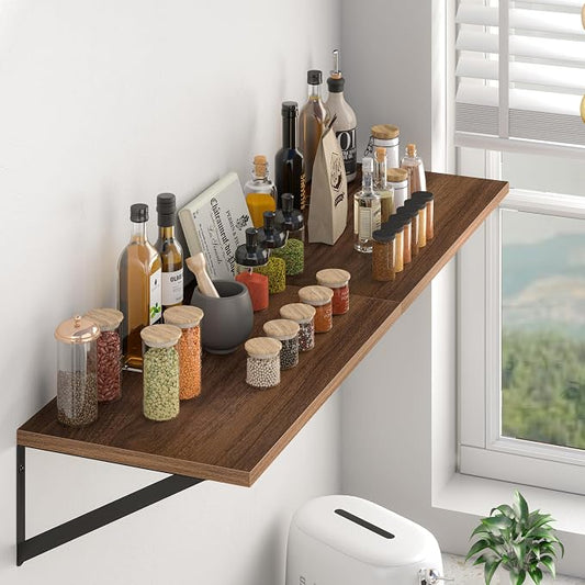 Heimlove 12 Inch Deep Floating Shelves for Wall, 32W x 12D Wood Wall Shelves Set of 2, Walnut Wide Floating Bookshelf for Living Room, Kitchen, Office, Bedroom, with Black Metal Bracke - Walnut