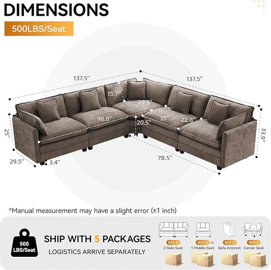 113'' V Shaped Cloud Sectional Sofa, Oversized Deep Seat Couches for Living Room, Chenille Comfy Upholstered Modular Sectional Sofa Couch,Brown