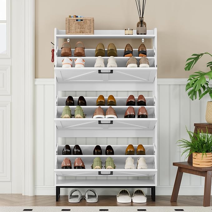 BORNOON Shoe Cabinet with 3 Flip Drawers Narrow Shoe Storage Cabinet Organizer Wooden Freestanding Shoe Rack Hidden Slim Shoes Storage Cabinet for Entryway, Hallway, Living Room, Bedroom
