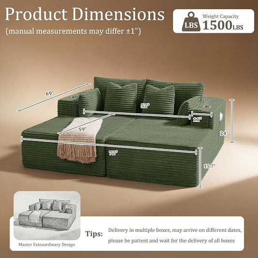 72" Cloud Sectional Couch, Comfort Sleep Sofa for Living Room, Extra Deep Seats No Assembly, Minimalist Modular Couch, Corduroy (Olive Green, Loveseat Chaise)