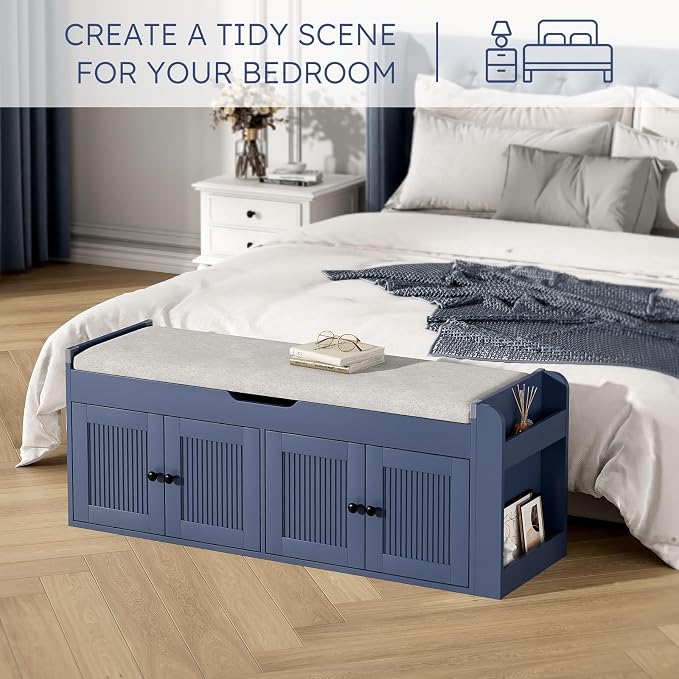 47.2" Storage Bench - Entryway Shoe Bench with Side Storage Shelves and 4 Doors, Multifunctional Entryway Bench with Lift Top Cushion, Shoe Storage Bench for Bedroom, Living Room, Navy Blue