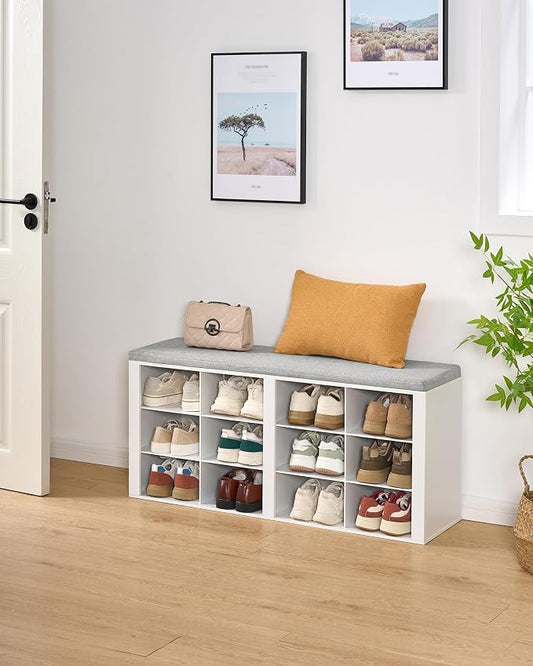 Hzuaneri Shoe Bench with Cushion, Entryway Storage Bench with 12 Cubbies, Cubby Shoe Rack with Adjustable Shelves, Shoe Organizer Cabinet for Living Room, Bedroom, Entryway, White SB19003GY