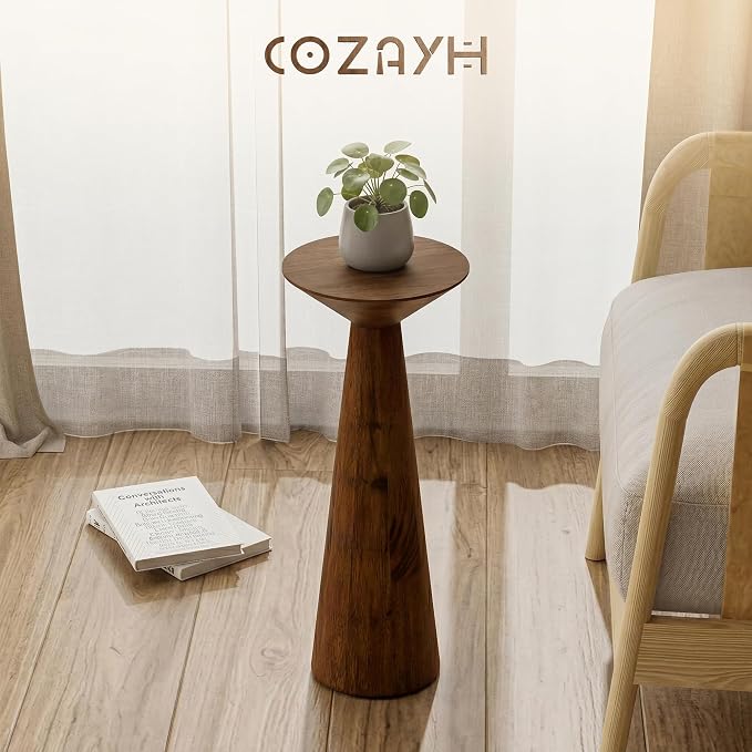 COZAYH 22.8” Tall Round Martini End Table, Walnut – Solid Pine Wood Pedestal Accent Drink Stand with Tapered Base – Farmhouse Modern Furniture for Living Room, Bedroom & Small Spaces