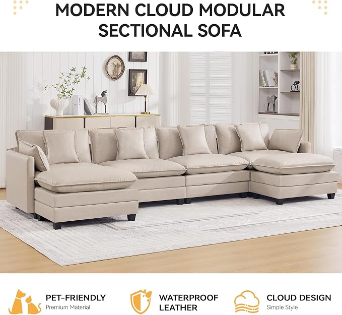 147'' Sectional Cloud Deep Seat Couch, Oversized Leather U Shaped Sectional Sofa for Living Room Set, Comfy Upholstered Modular Sectional Sofa Couch with Movable Ottoman, Leather Beige