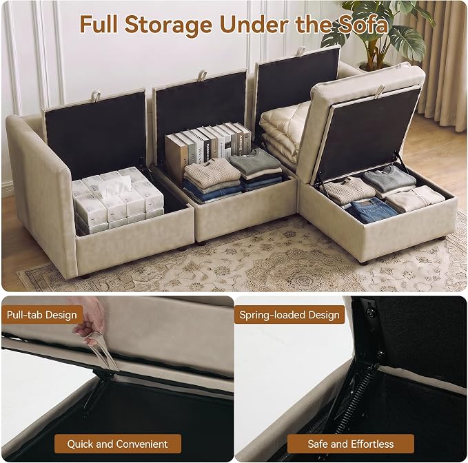 80" Beige Faux Leather Storage 3 Seater Sofa with Ottoman, Comfy Couch | Convertible Modular Sectional Sofa, L Shaped Oversized Couch, Upholstered Large Cloud Couch For Living Room, Apartment.