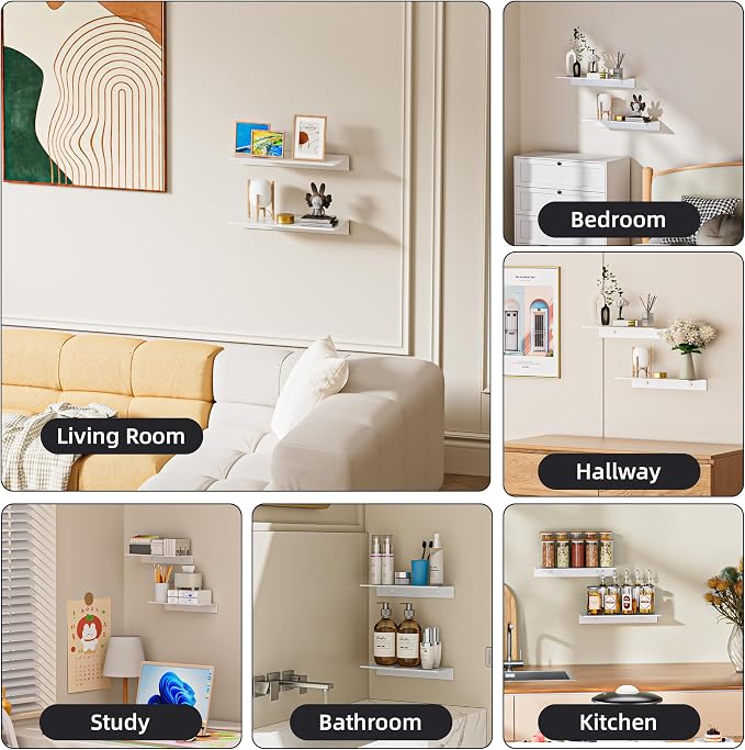HNVNER Glossy White Metal Floating Shelf 2-Piece Set, Adhesive Wall Shelves in Thickened Aluminium Wall Mounted Shower Caddy, Ideal for Display & Storage in Living Room, Bedroom, Bathroom (11.7")
