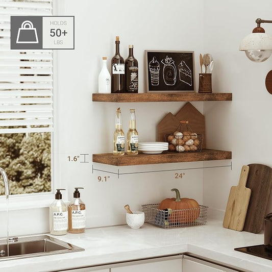 Vivelove Floating Shelves for Wall, 24 inch Wall Shelves for Bathroom Bedroom, Living Room, Kitchen, Office, Rustic Farmhouse Shelf Decor with Invisible Bracket, 24x9x1.6, Set of 2, Rustic Brown