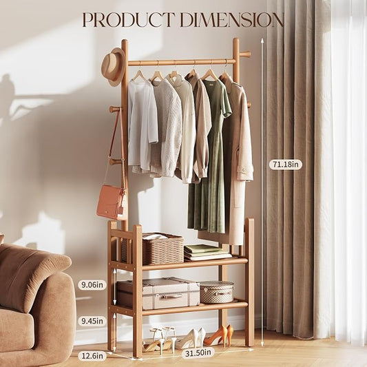 Yoobure Solid Wood Clothing Rack with Shelves - Coat Rack Freestanding with 6 Hooks, 3-in-1 Hall Tree for Hanging Clothes, Tall Garment Racks with Storage for Bedroom, Entryway, Living Room, Closet